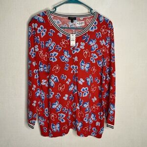 Talbots Charming Cardigan Women's XL Red Butterfly 3/4 sleeve Cotton Crew Career